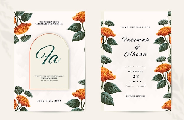 Minimalist floral wedding invitation and save the date with orange flowers