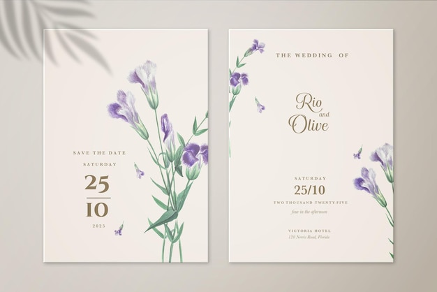 Minimalist Floral Wedding Invitation and Save the Date with Purple Flower