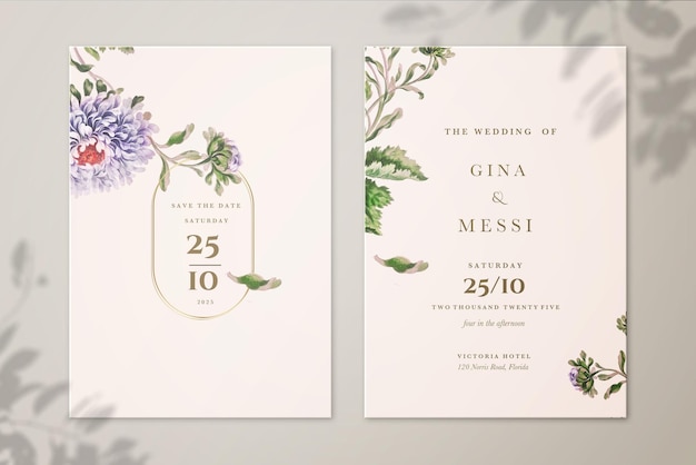 Minimalist Floral Wedding Invitation and Save the Date with Purple Rose