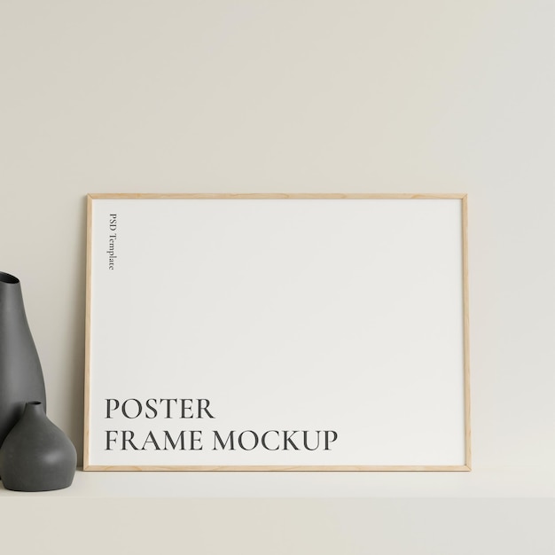 Minimalist front view horizontal wooden photo or poster frame mockup leaning against wall on table with vase 3d rendering