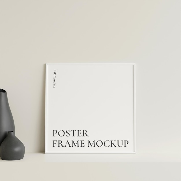 Minimalist front view square white photo or poster frame mockup leaning against wall on table with vase 3d rendering