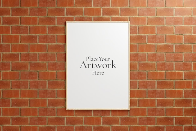 Minimalist hanging vertical wooden poster or photo frame mockup in brick wall