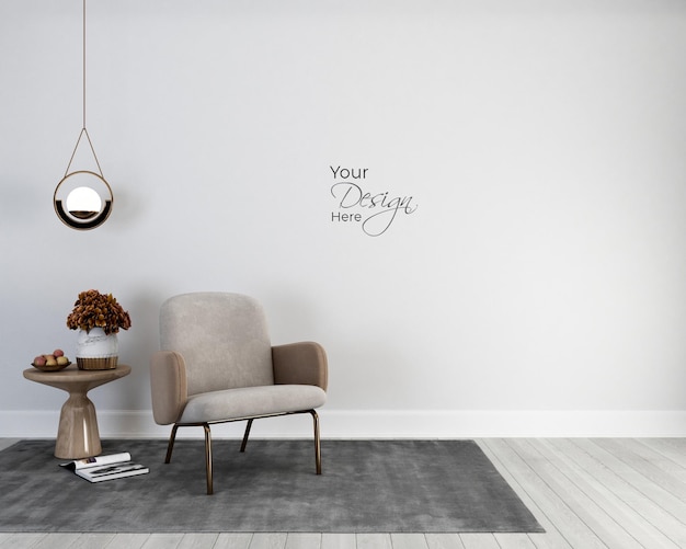 Minimalist interior of living room with armchair and flowers on white wall