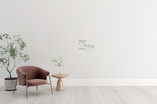 Minimalist interior of living room with armchair on white wall