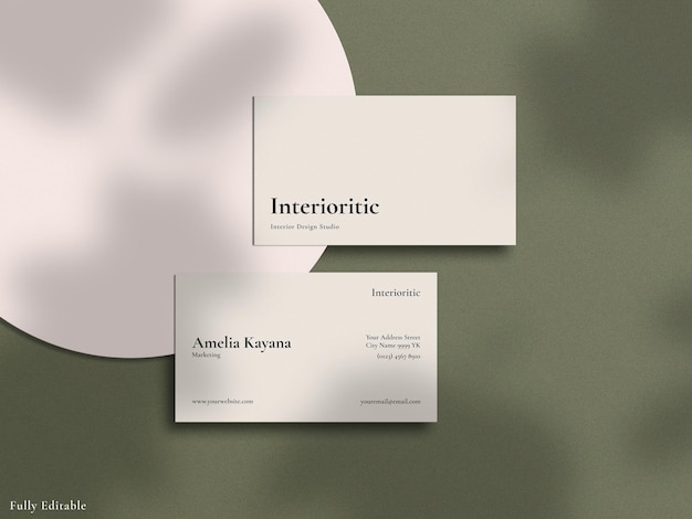 Minimalist modern business card mockup with leaf shadow overlay