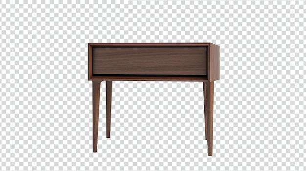 Minimalist nightstand with drawer and straight legs dark wood grain table transparent background