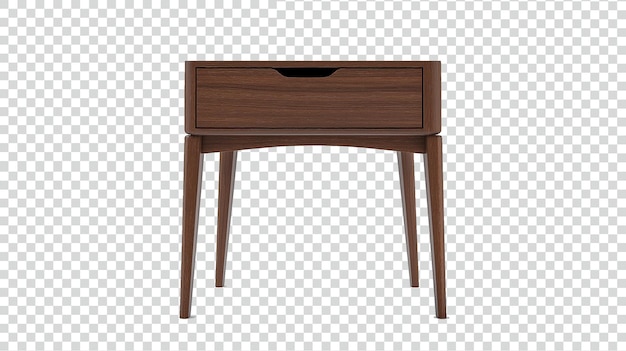 Minimalist nightstand with drawer and straight legs dark wood grain table transparent background