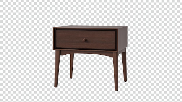 Minimalist nightstand with drawer and straight legs dark wood grain table transparent background