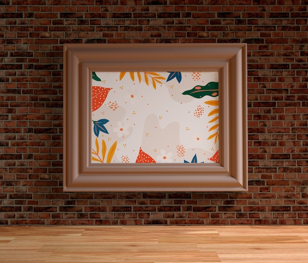 Minimalist painting frame hanging on brick wall