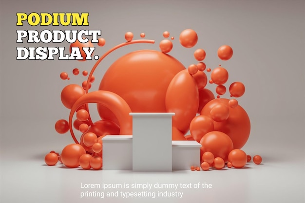 PSD minimalist podium with dynamic orange spheres for modern product display