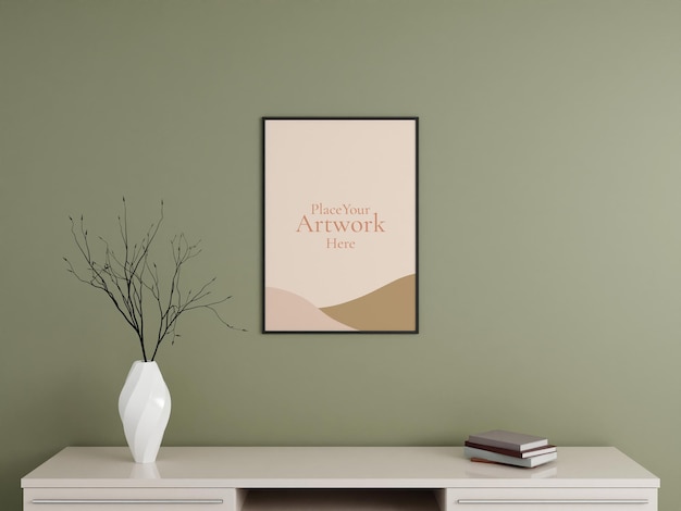 Minimalist vertical black poster or photo frame mockup on the wall with book and decoration