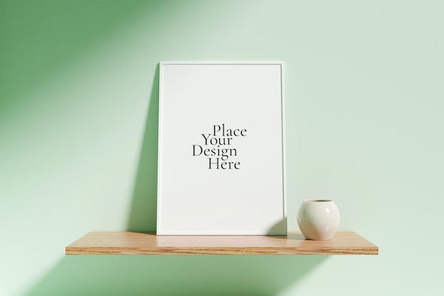 Minimalist vertical white poster or photo frame mockup with vase on a wooden shelf