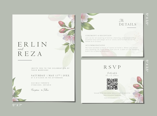 Minimalist Wedding Invite Suite template with flower background