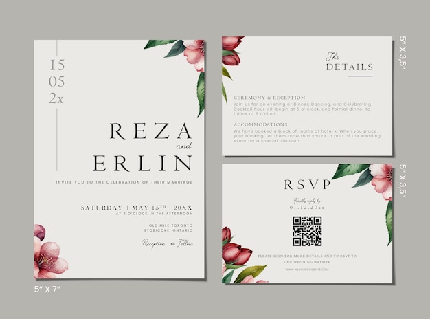 Minimalist Wedding Invite Suite template with flower background