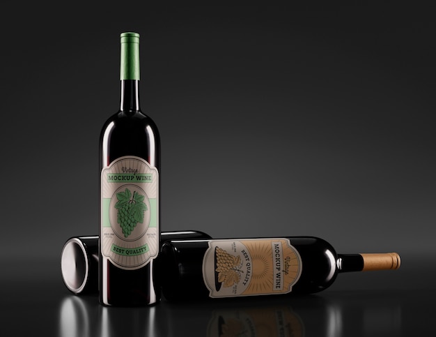 PSD minimalist wine bottle mock-up design with low light and dark tones