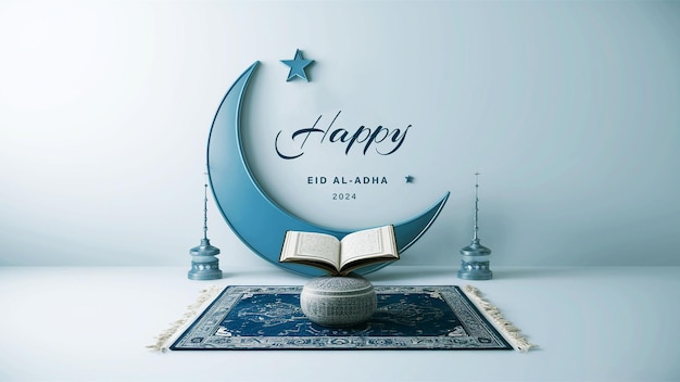 Minimalistic happy eid al adha background in a blue hue