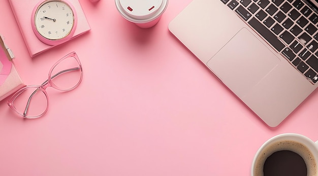 PSD minimalistic pink background with an office desk laptop and accessories on it