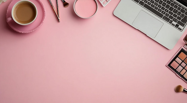 PSD minimalistic pink background with an office desk laptop and accessories on it