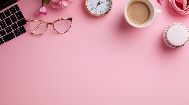 PSD minimalistic pink background with an office desk laptop and accessories on it