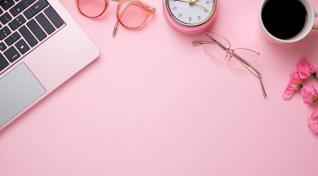 Minimalistic pink background with an office desk laptop and accessories on it