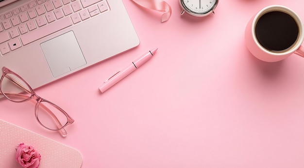 Minimalistic pink background with an office desk laptop and accessories on it