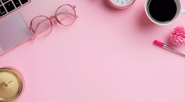 PSD minimalistic pink background with an office desk laptop and accessories on it