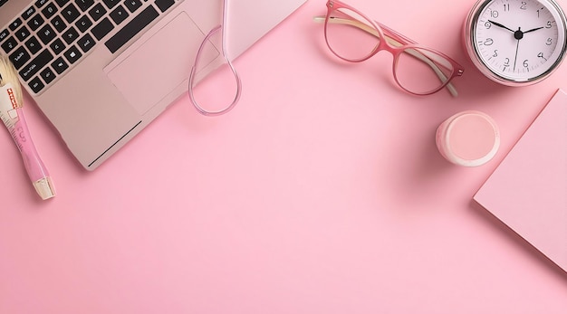 PSD minimalistic pink background with an office desk laptop and accessories on it