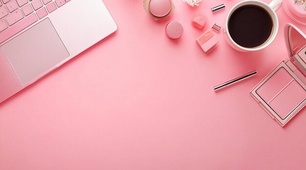 Minimalistic pink background with an office desk laptop and accessories on it