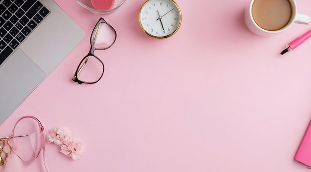 PSD minimalistic pink background with an office desk laptop and accessories on it