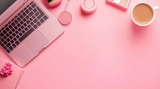 Minimalistic pink background with an office desk laptop and accessories on it