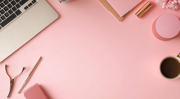 PSD minimalistic pink background with an office desk laptop and accessories on it