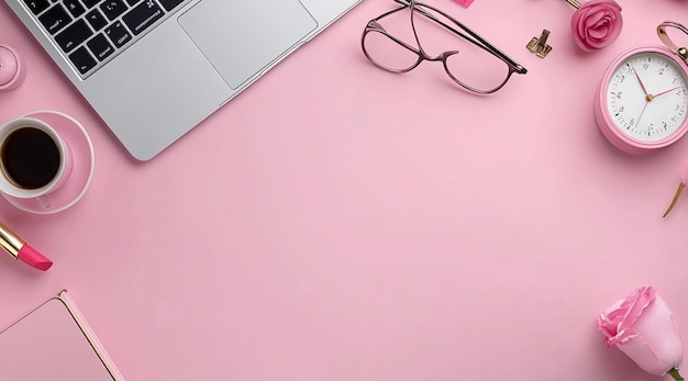 Minimalistic pink background with an office desk laptop and accessories on it