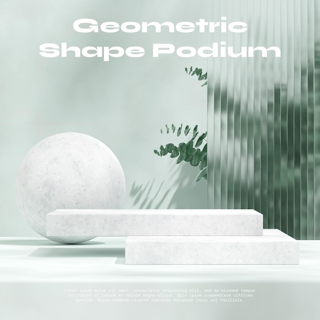 mint wall, glass, eucalyptus 3d render image empty space white concrete block podium in square