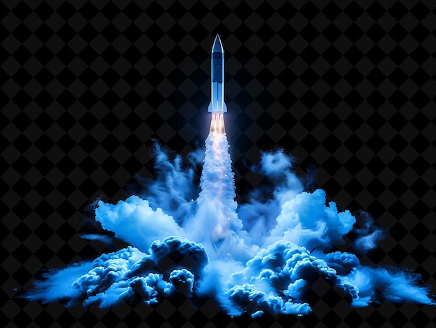 PSD missile explosion with rocket fire and smoke cool blue and w png neon effect on dark background