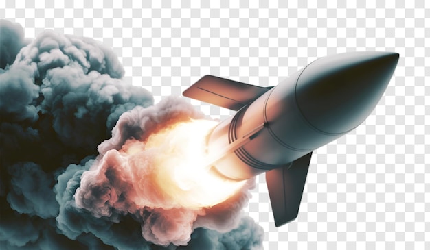 A Missile Rocket with Fiery Trail on a Transparent Background