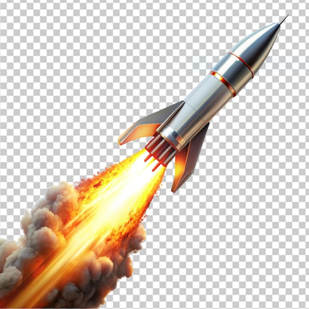 a missile rocket with fire trail on transparent background