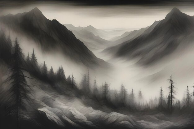 PSD misty peaks loom over shadowy forests below