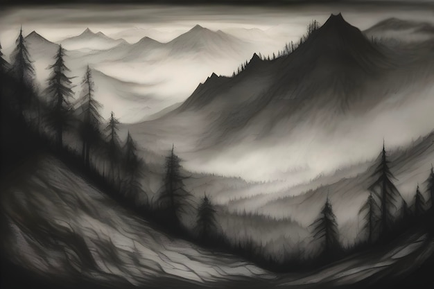 PSD misty peaks loom over shadowy forests below