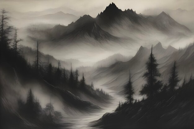 Misty peaks loom over shadowy forests below