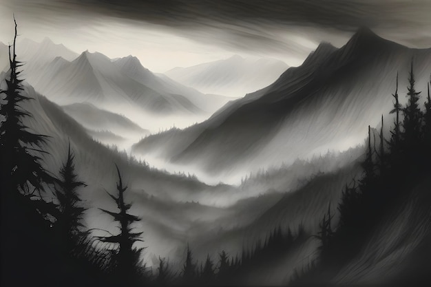 PSD misty peaks loom over shadowy forests below