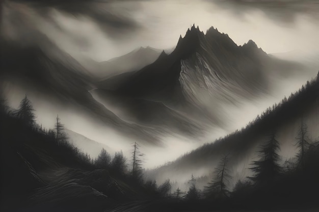 PSD misty peaks loom over shadowy forests below