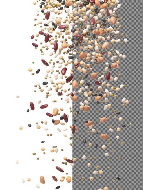 Mix beans fall down explosion several kind bean float explode pouring down Dried mixed white green red soy black peanut beans splash throwing in Air White background Isolated high speed shutter