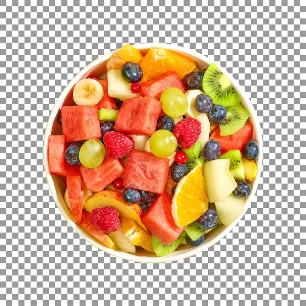 Mix fruit salad in a bowl top view isolated on transparent background