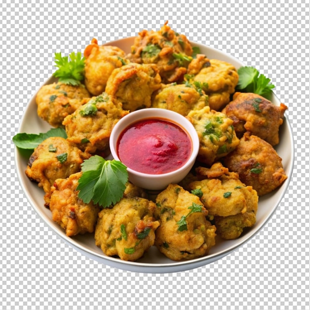 PSD mix veg pakora with tomato mint sauce transparent background