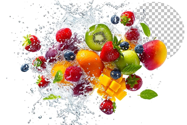 Mixed fruit floating in space clear water droplets on transparent background