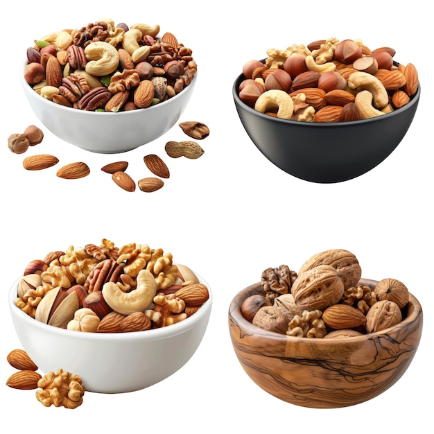 Mixed Nuts in White Black and Wooden Bowls