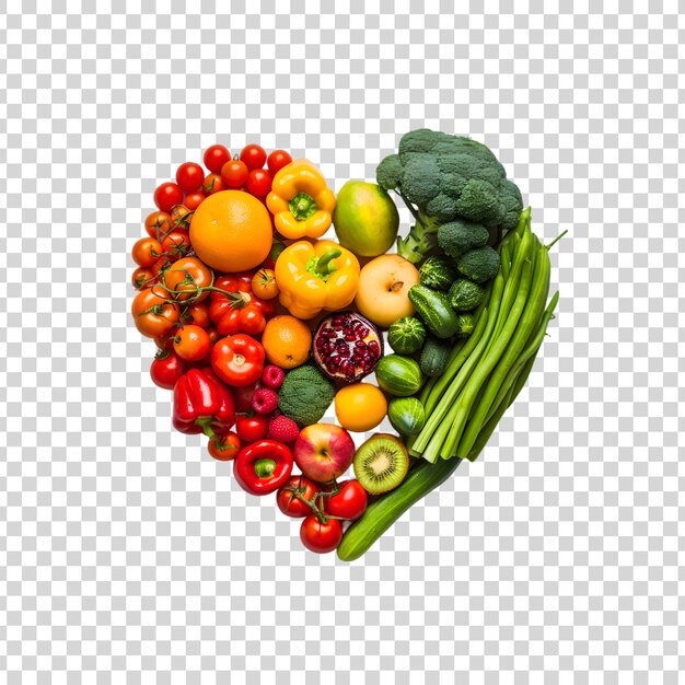 PSD mixed vegetable and fruits in a heart or love shape on a transparent background