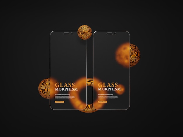 Mobile phone interface presentation mockup with frosted glass morphism effects 3d rendered