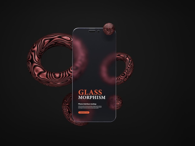 Mobile phone interface presentation mockup with frosted glass morphism effects 3d rendered