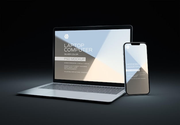 PSD mobile phone and laptop devices on dark mockup